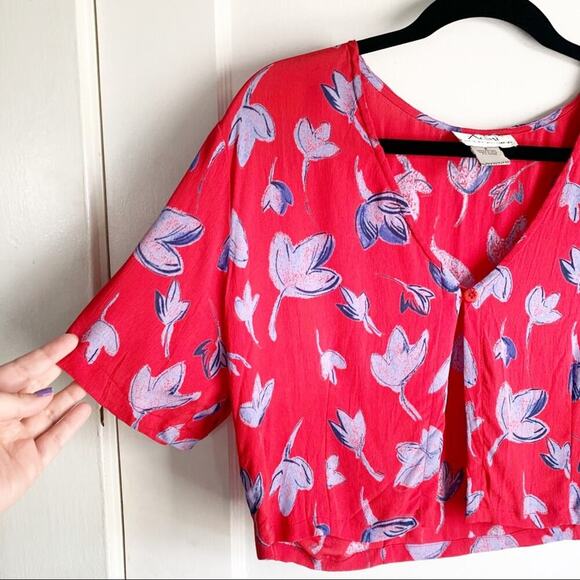 Vintage Cropped Top Blouse 1990s One Button Open Front Overlay Top Floral Red S - Picture 2 of 7
